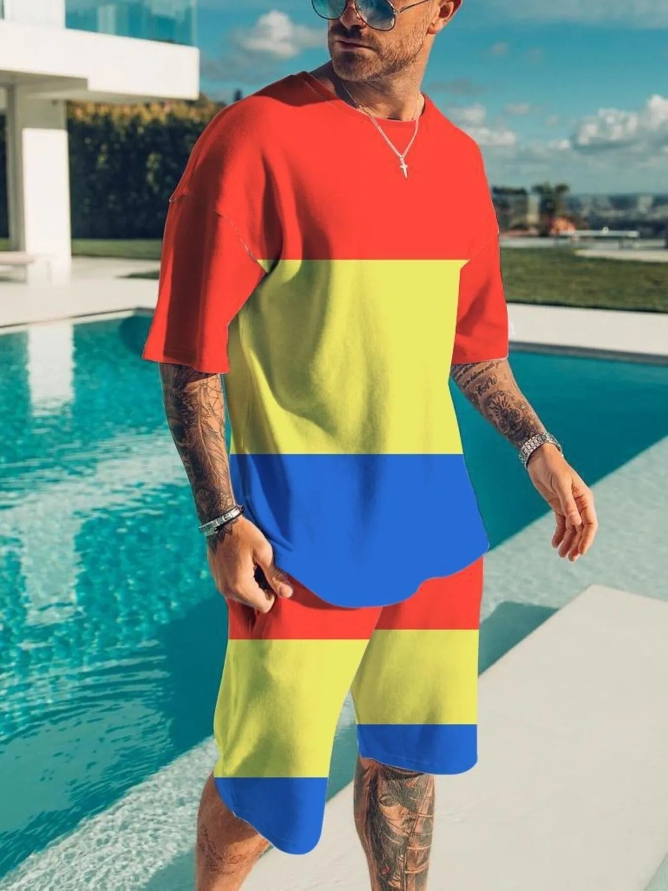 Men's Full Size Color Block Tee and Shorts Set Plus Size - URBANPICK FASHION