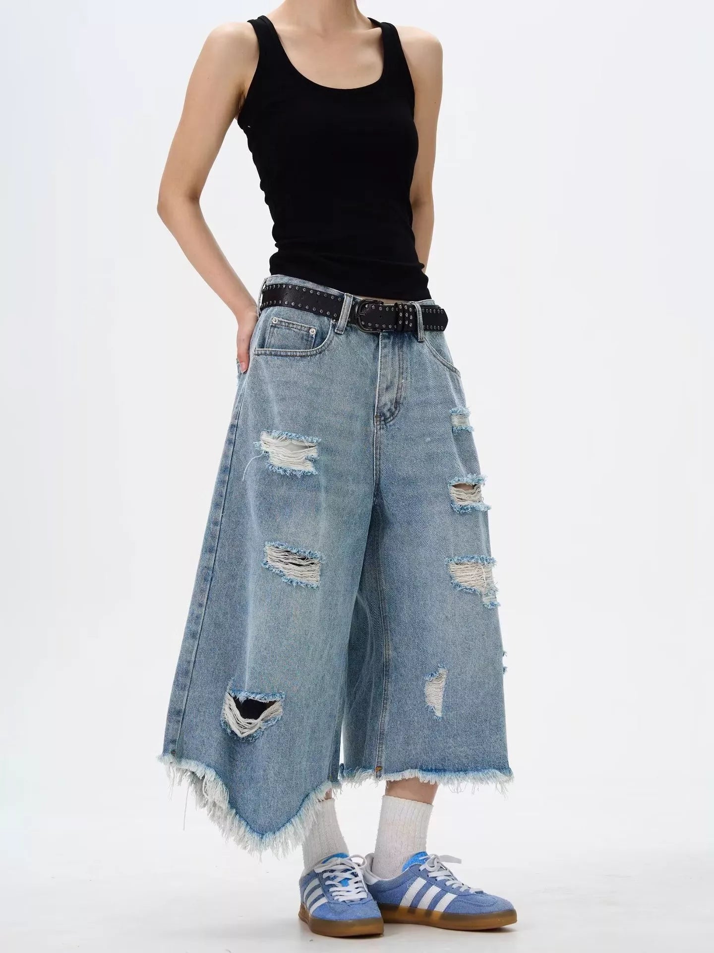 Men's Full Size Distressed Raw Hem Wide Leg Jeans Plus Size - URBANPICK FASHION