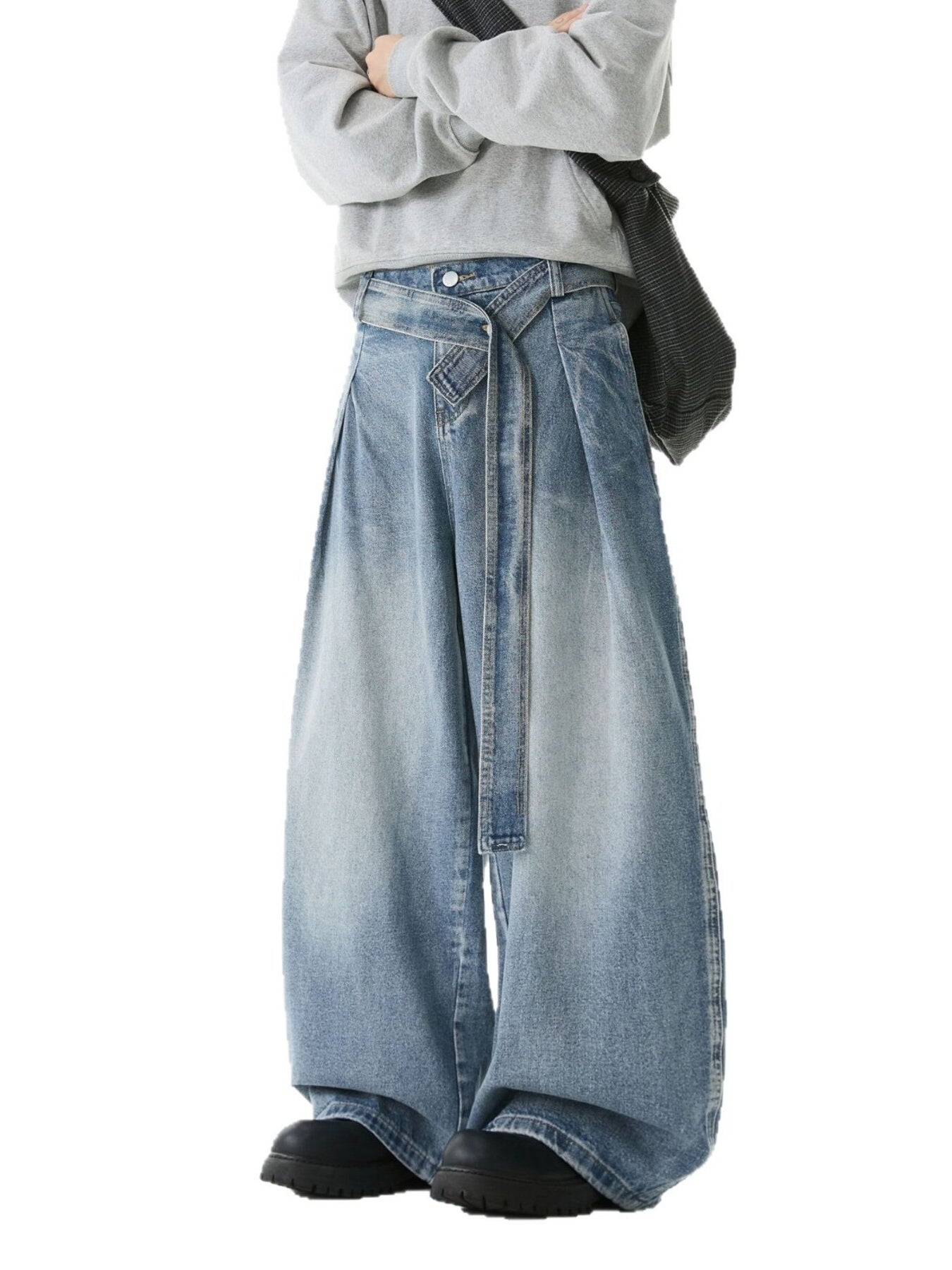 Men's Full Size Wash Belted Wide Leg Jeans Plus Size - URBANPICK FASHION