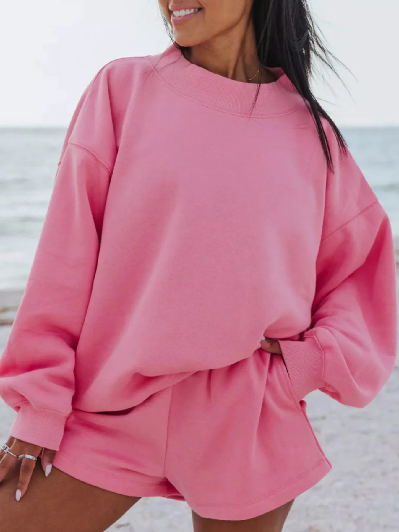 Relaxed Fit Round Neck Sweatshirt and Shorts Set - URBANPICK FASHION