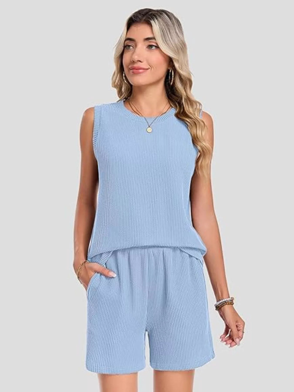 Casual Ribbed Knit Sleeveless Top and Shorts Set - URBANPICK FASHION