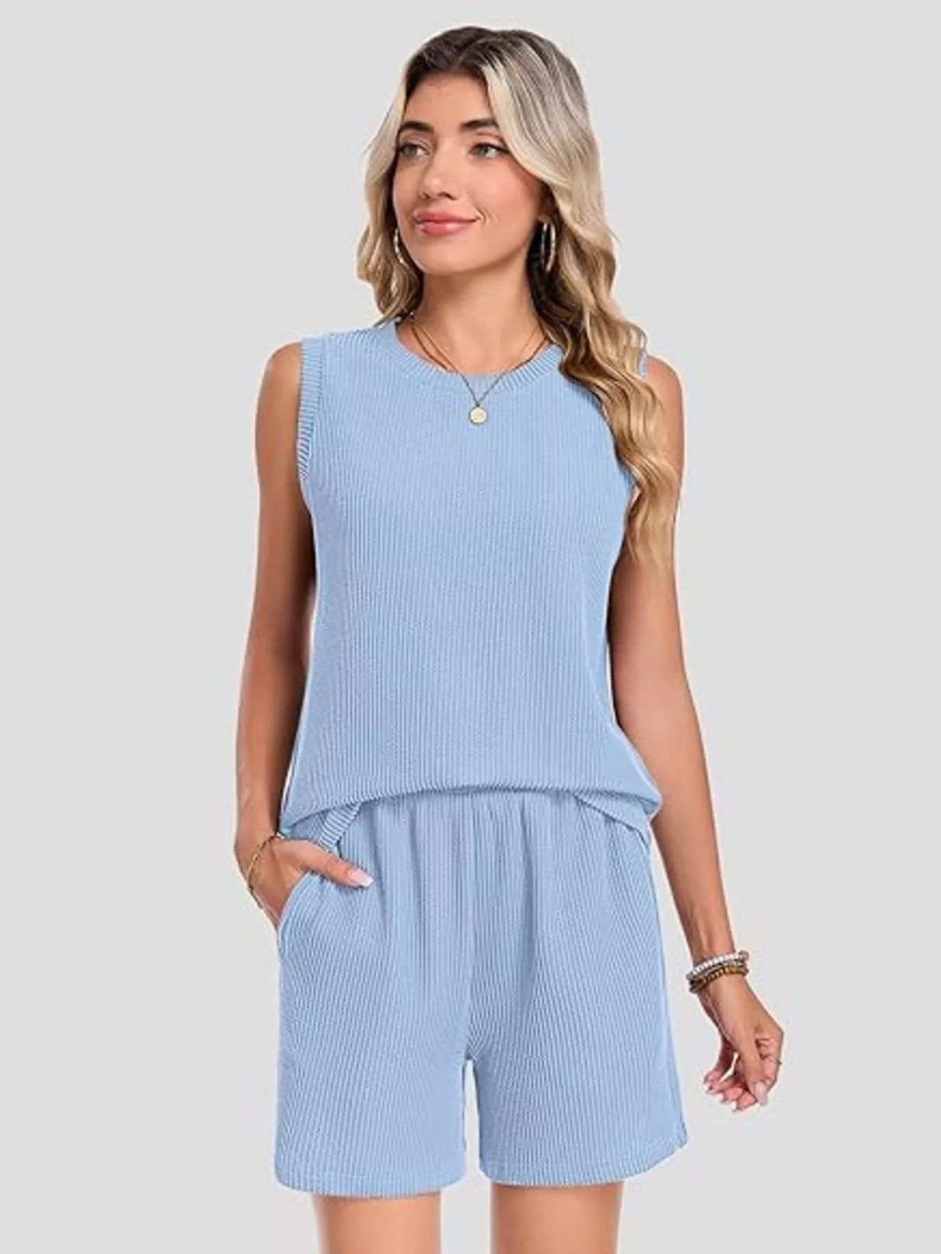 Casual Ribbed Knit Sleeveless Top and Shorts Set - URBANPICK FASHION