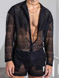 Men's Full Size Lace Button Down Top and Shorts Set Plus Size - URBANPICK FASHION