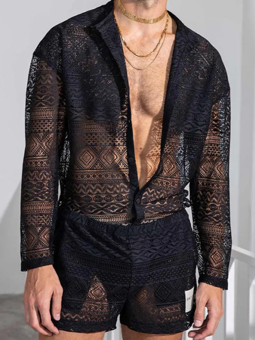 Men's Full Size Lace Button Down Top and Shorts Set Plus Size - URBANPICK FASHION