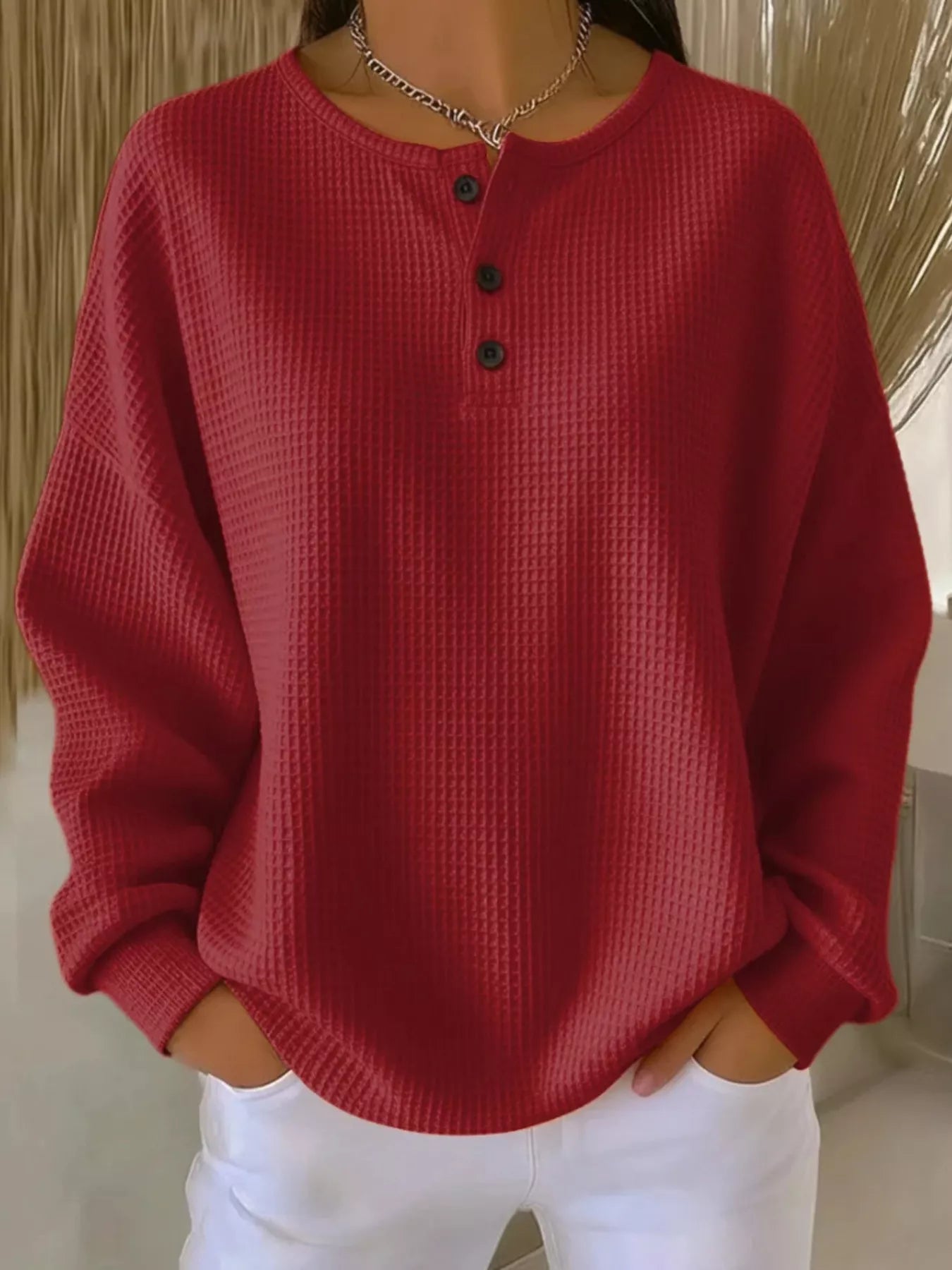 Full Size Waffle Knit Button Detail Top Plus Size - URBANPICK FASHION