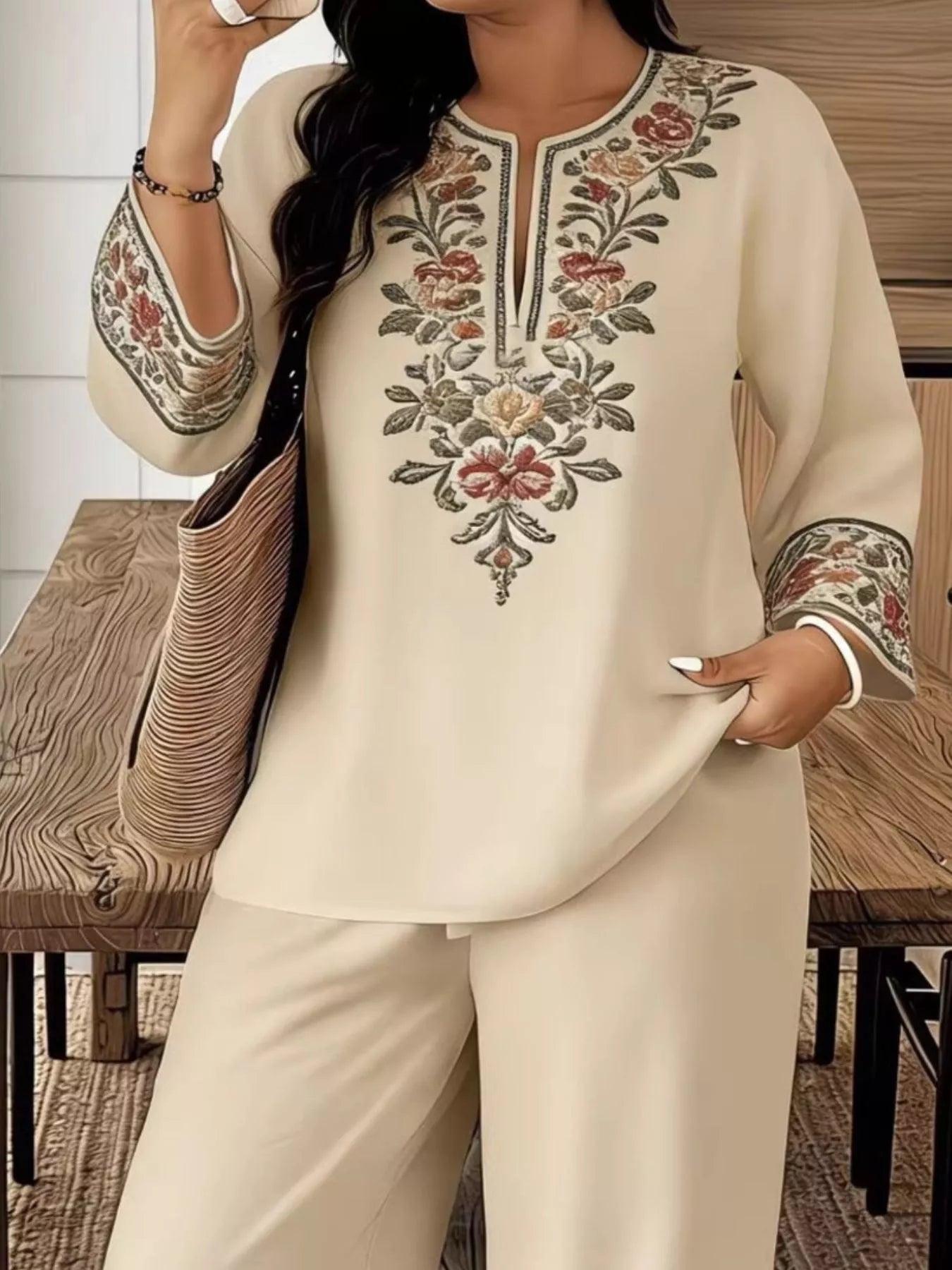 Full Size Embroidered Long Sleeve Top and Pants Set Plus Size - URBANPICK FASHION
