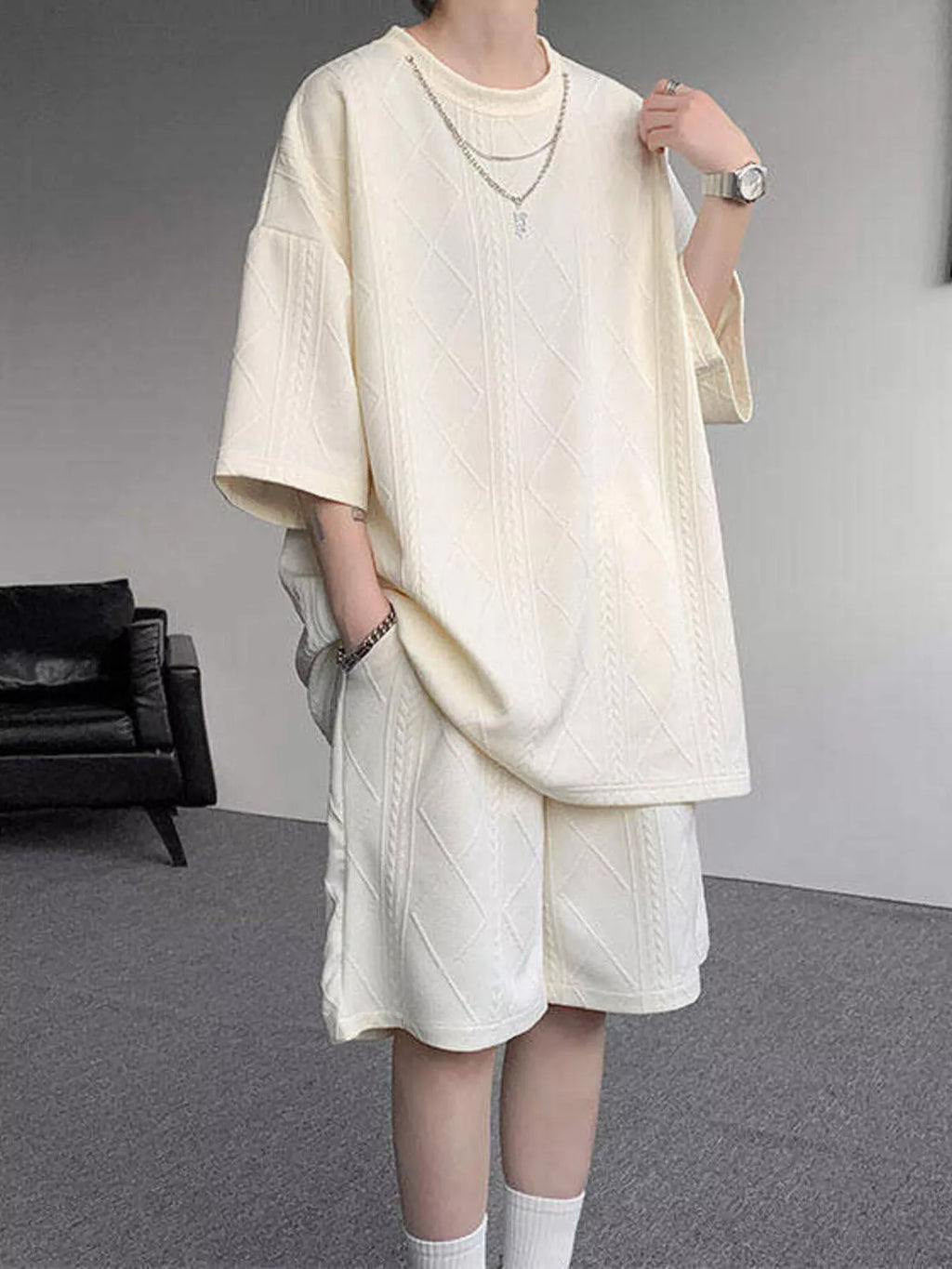 Men's Plus Size Textured Relaxed Fit Top and Shorts Set - URBANPICK FASHION