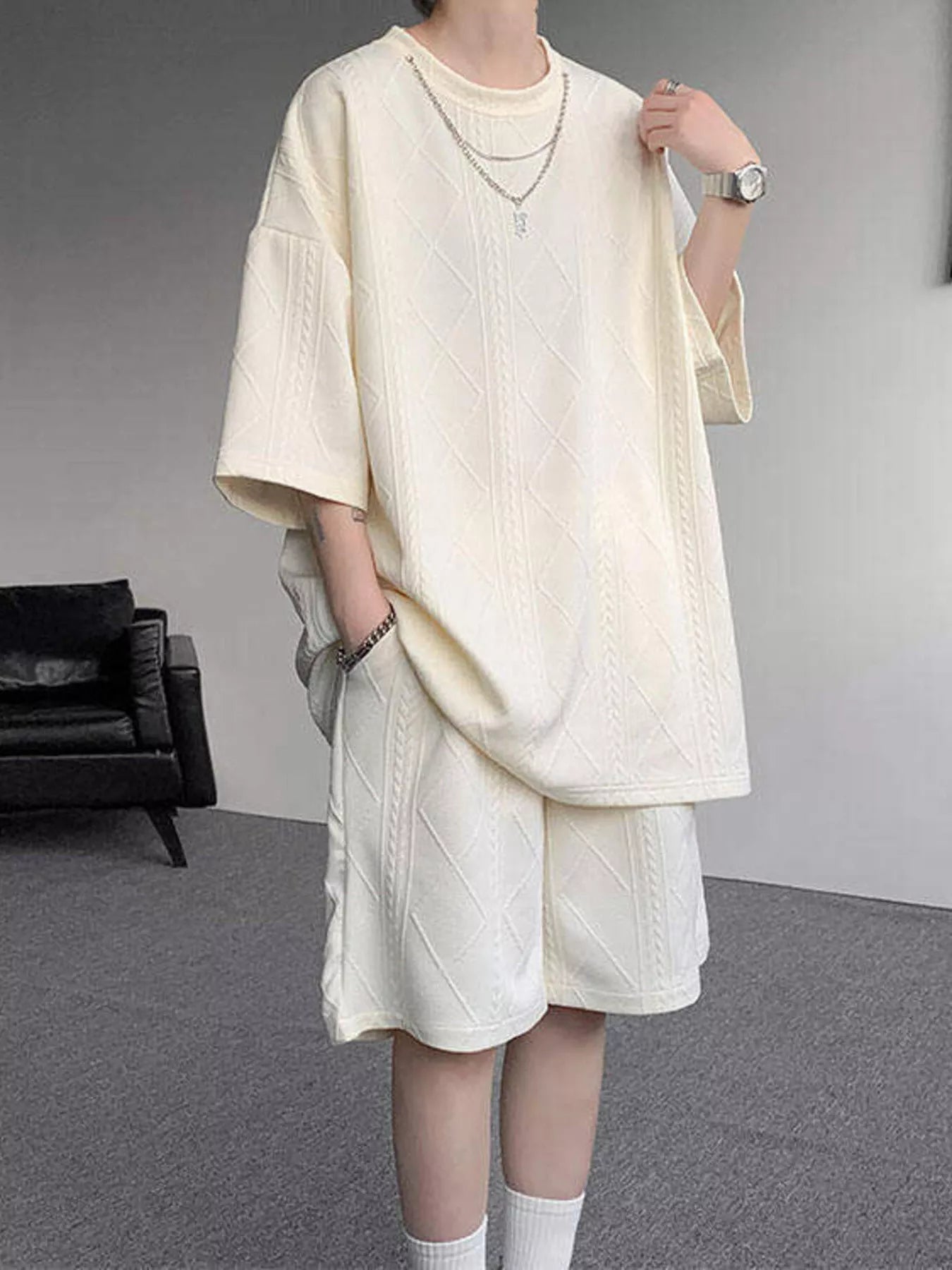 Men's Plus Size Textured Relaxed Fit Top and Shorts Set - URBANPICK FASHION