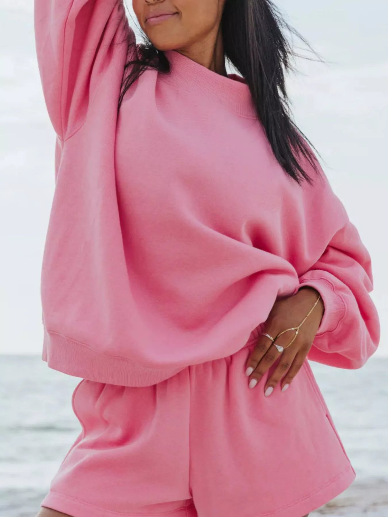 Relaxed Fit Round Neck Sweatshirt and Shorts Set - URBANPICK FASHION