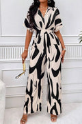 Printed V-Neck Short Sleeve Wide Leg Jumpsuit - URBANPICK FASHION