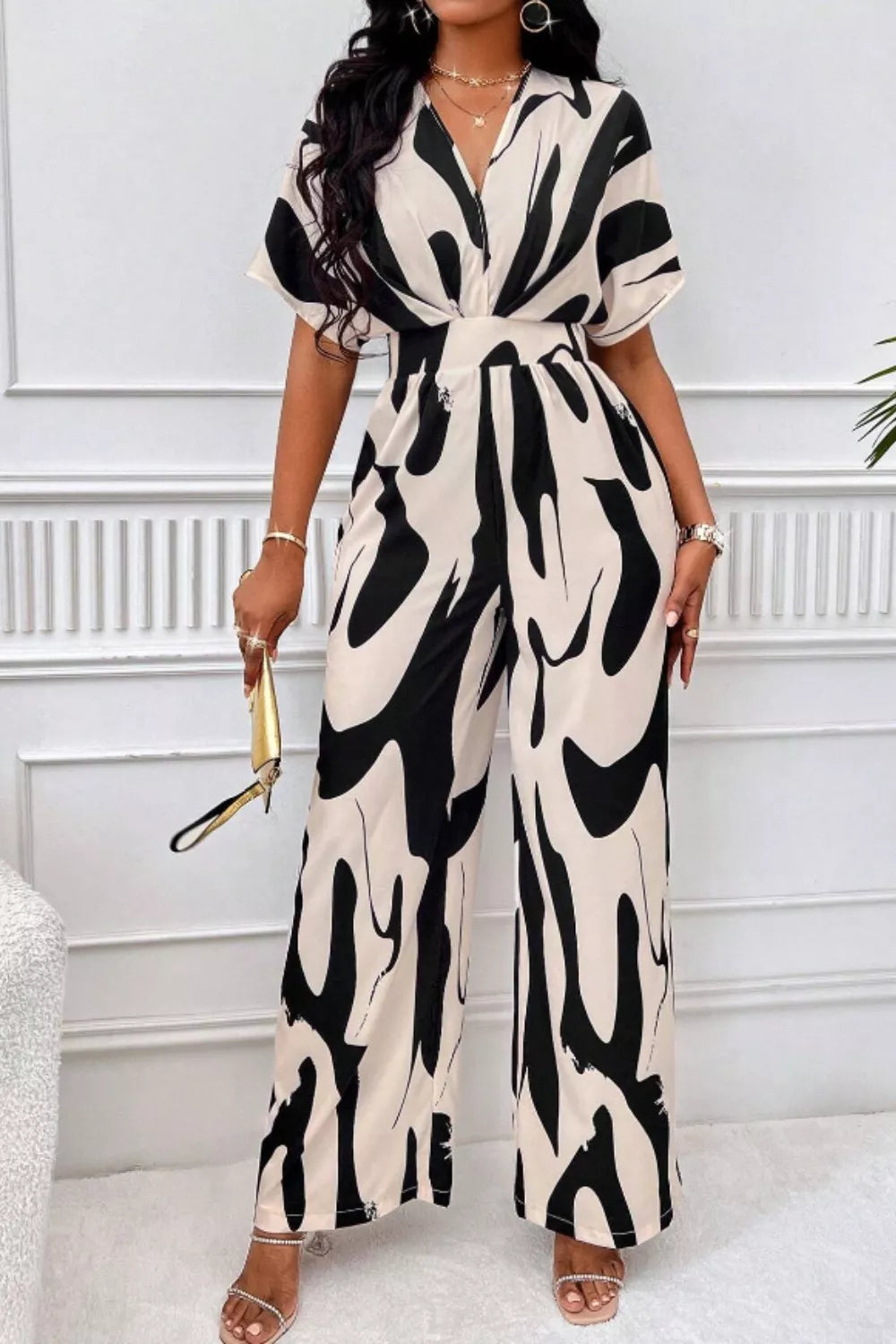 Printed V-Neck Short Sleeve Wide Leg Jumpsuit - URBANPICK FASHION