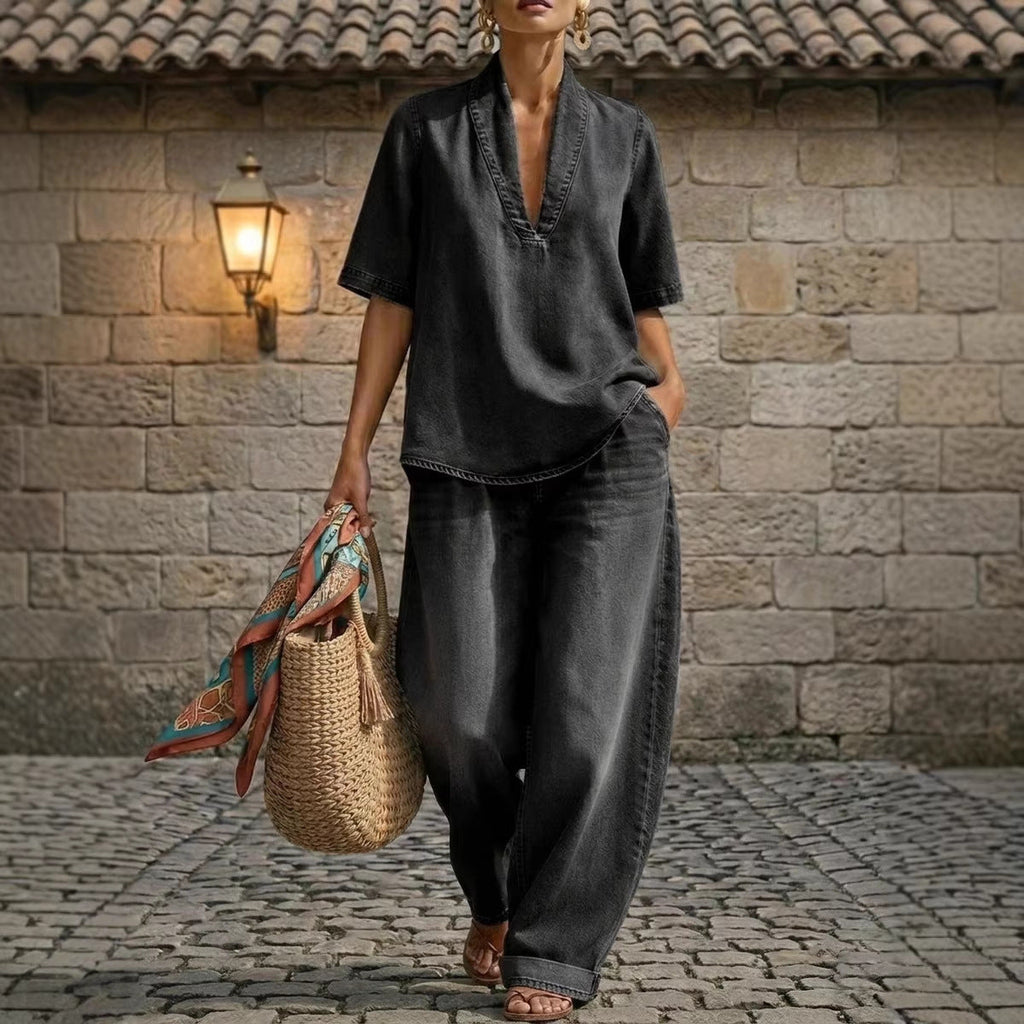 Retro V-Neck Washed Denim Top & Wide-Leg Pants Set – 3 Colors, S–3XL - URBANPICK FASHION
