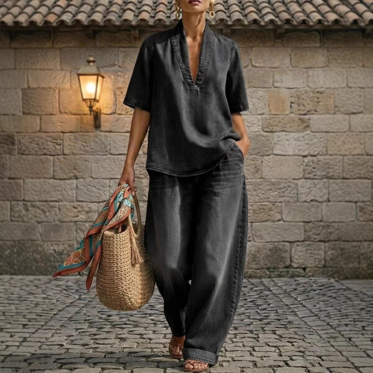 Retro V-Neck Washed Denim Top & Wide-Leg Pants Set – 3 Colors, S–3XL - URBANPICK FASHION