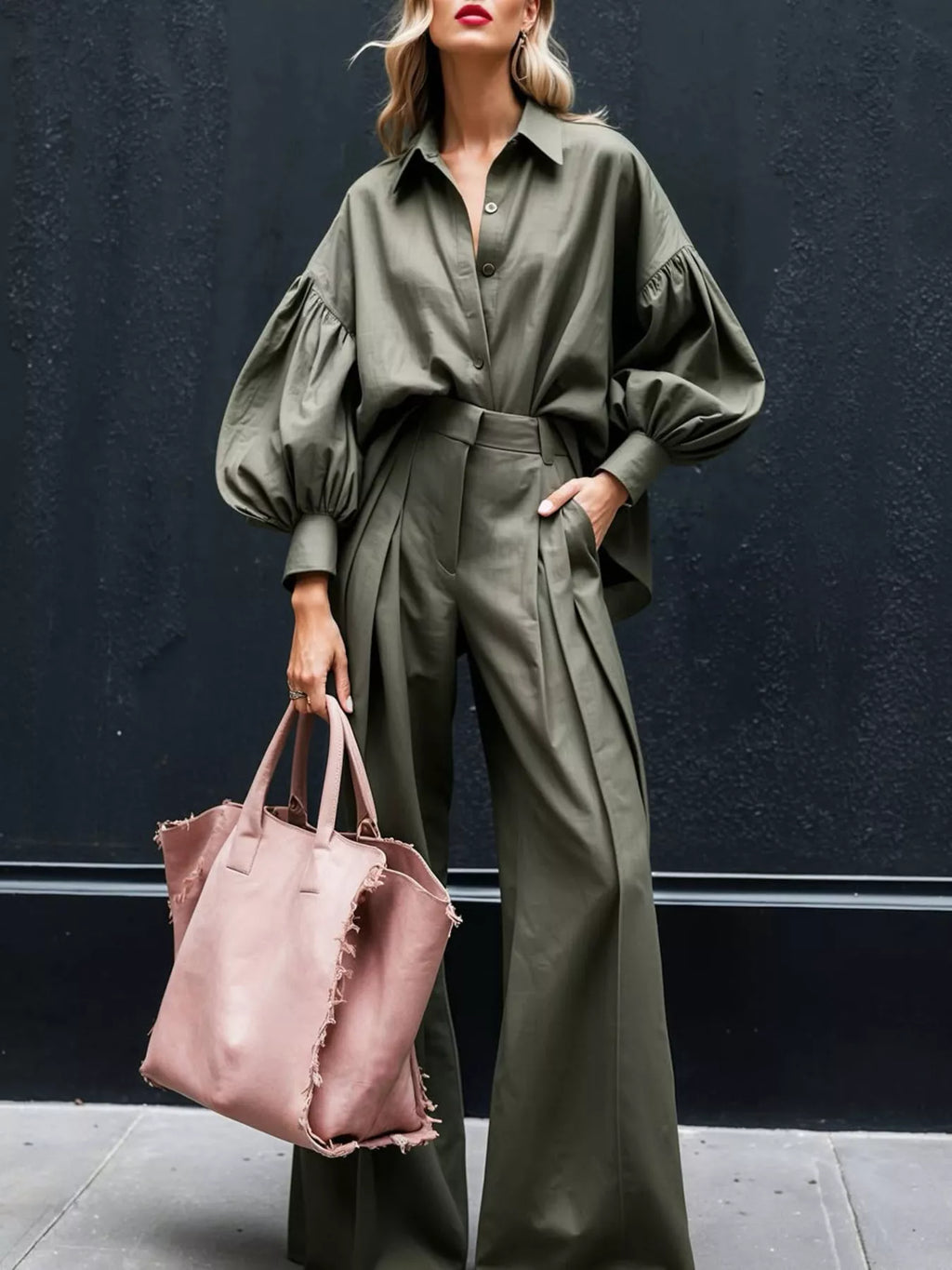 Lantern Sleeve Shirt and Wide Leg Pants Set - URBANPICK FASHION