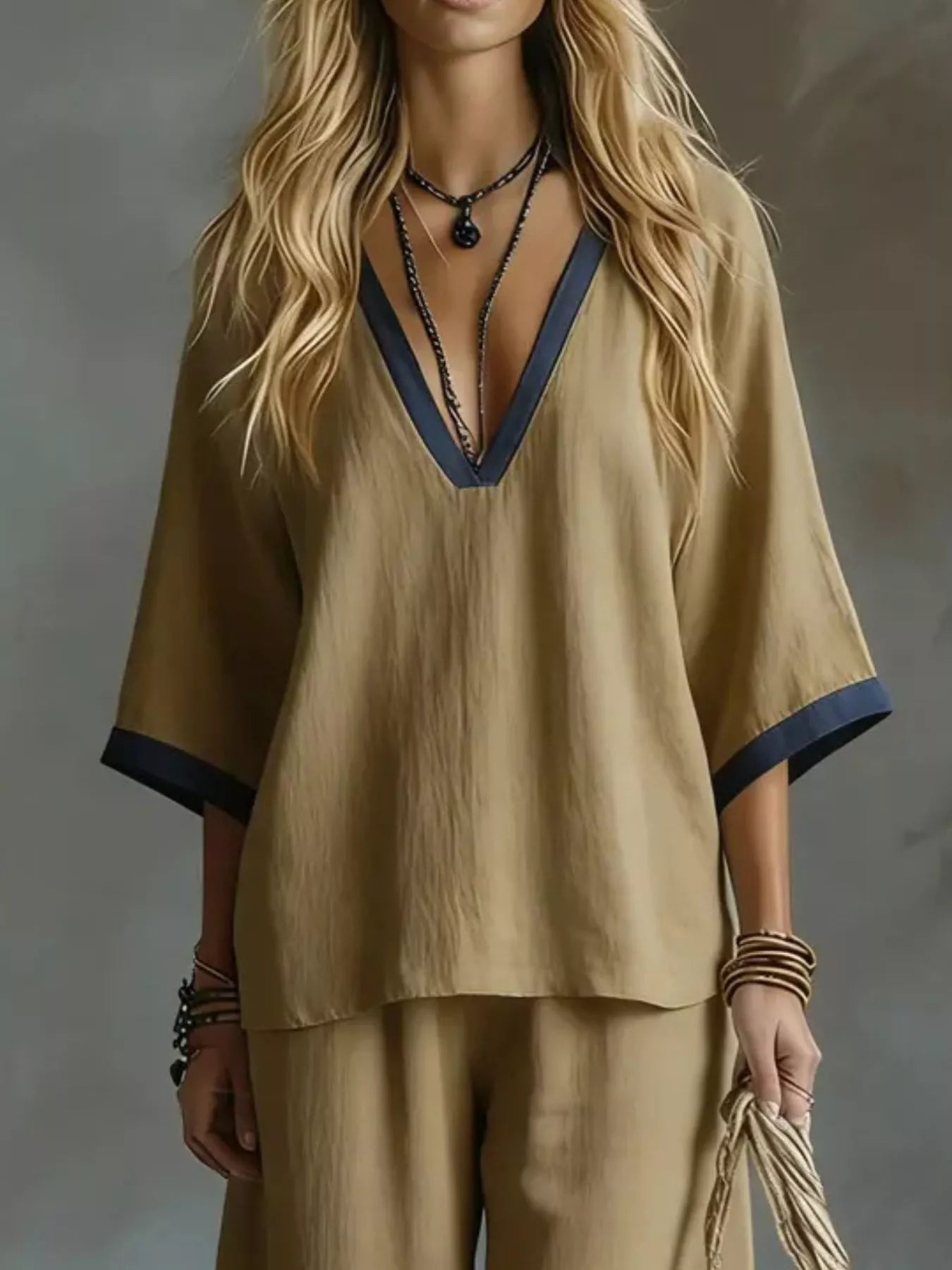 Contrast Trim V-Neck Top and Pants Set - URBANPICK FASHION