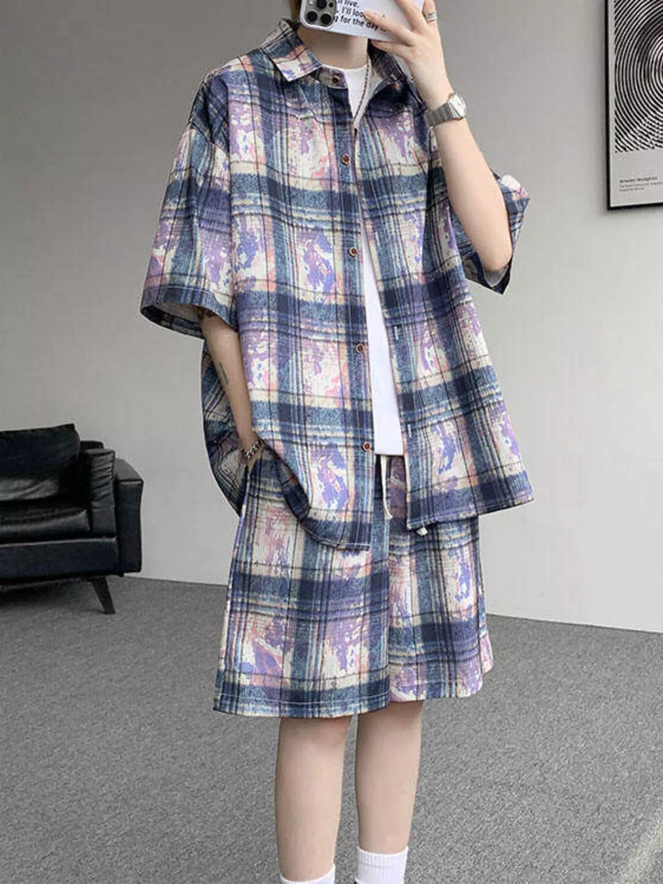 Men's Plus Size Casual Plaid Print Shirt & Shorts Set - URBANPICK FASHION