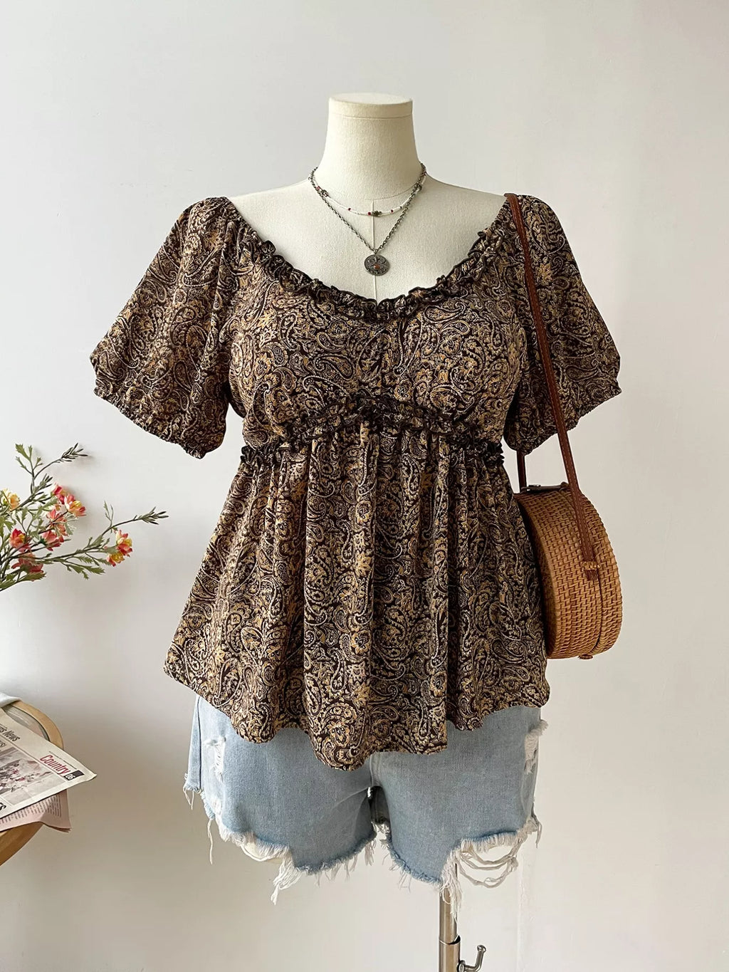 Plus Size Paisley Print Short Sleeve Blouse - URBANPICK FASHION
