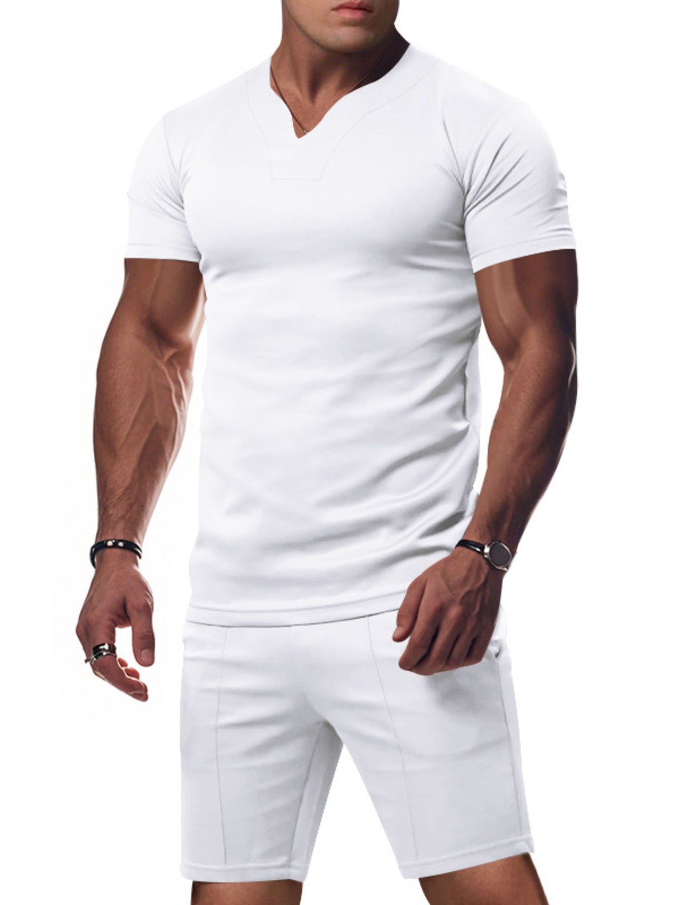Men's Full Size V-Neck Short Sleeve T-Shirt and Shorts Set Plus Size - URBANPICK FASHION