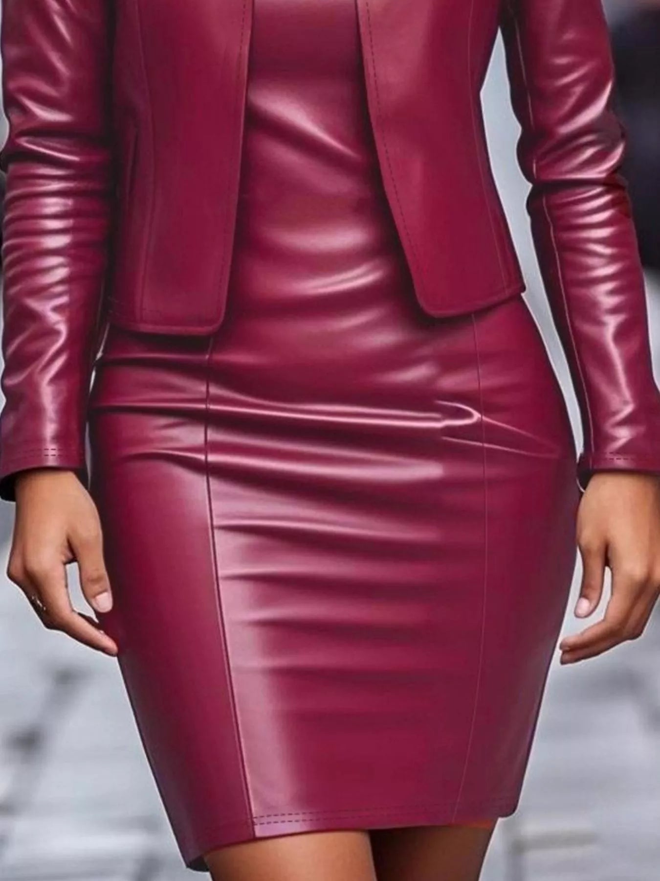 Open Front Leather Jacket & Dress Set - URBANPICK FASHION