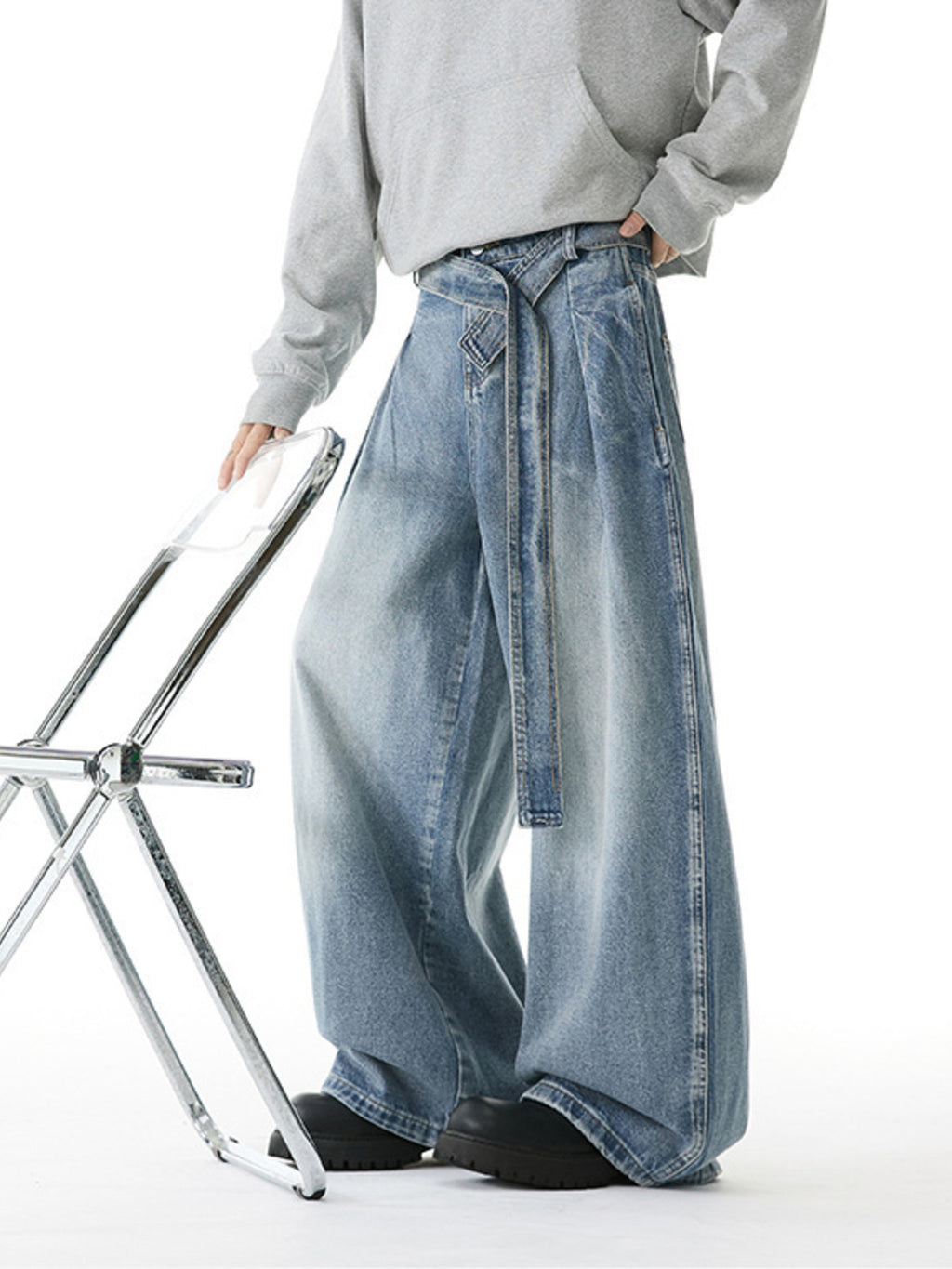 Men's Full Size Wash Belted Wide Leg Jeans Plus Size - URBANPICK FASHION