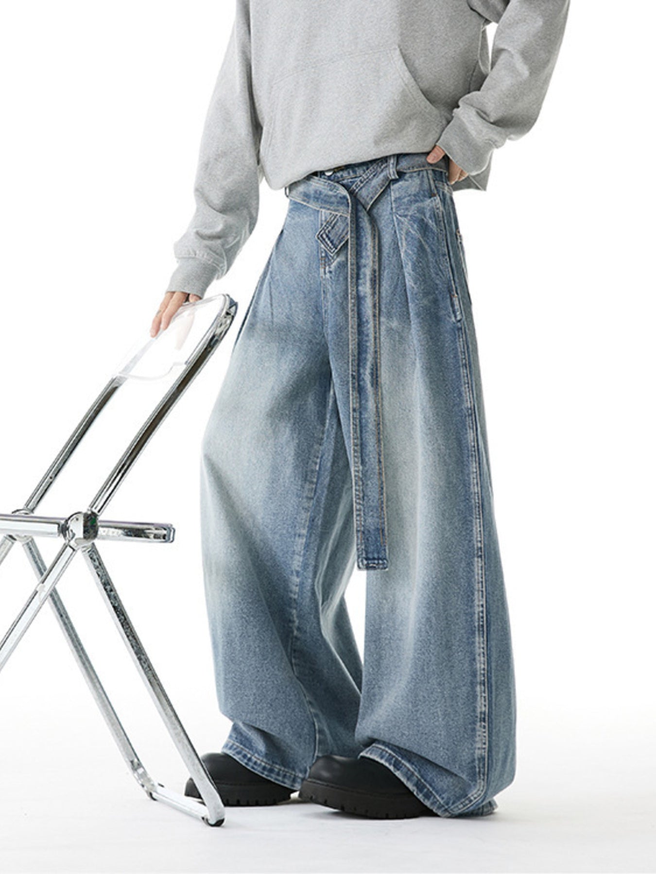 Men's Full Size Wash Belted Wide Leg Jeans Plus Size - URBANPICK FASHION