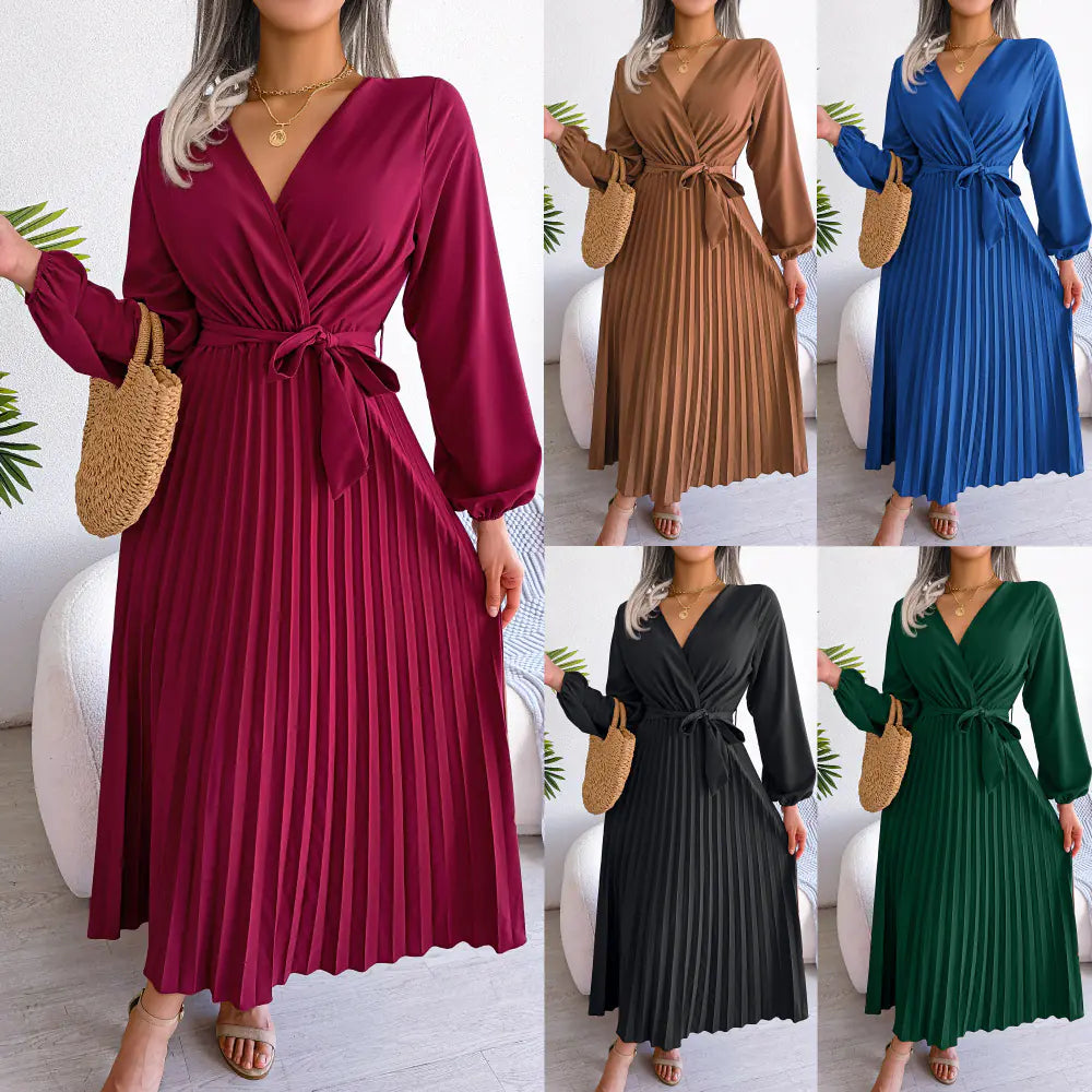 Spring/Summer Cross V-Neck Pleated Maxi Dress - URBANPICK FASHION