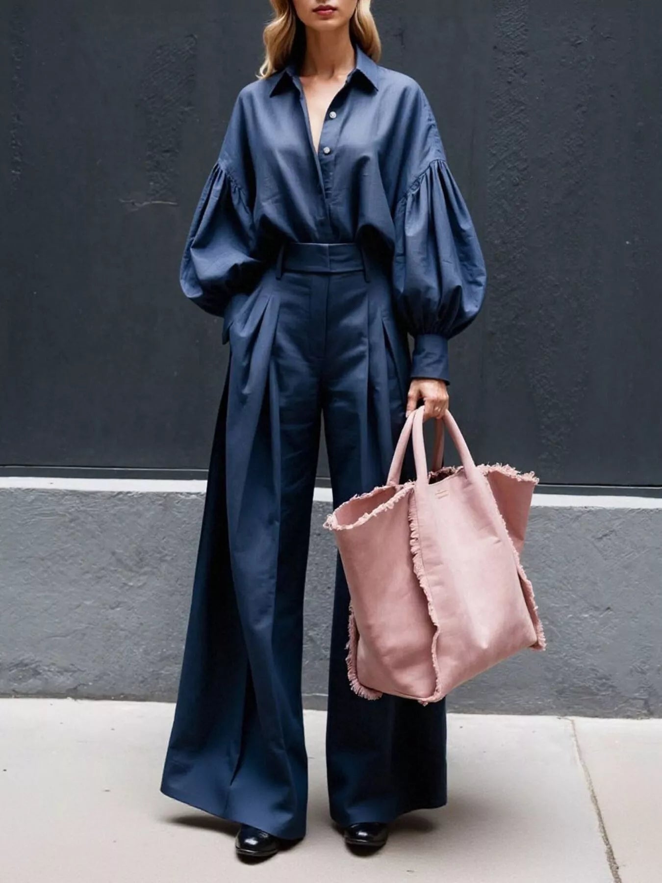 Lantern Sleeve Shirt and Wide Leg Pants Set - URBANPICK FASHION