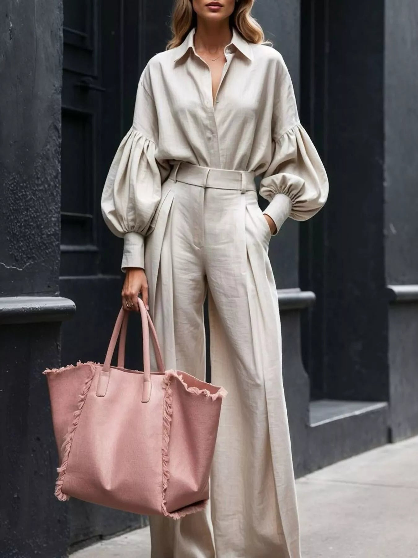Lantern Sleeve Shirt and Wide Leg Pants Set - URBANPICK FASHION