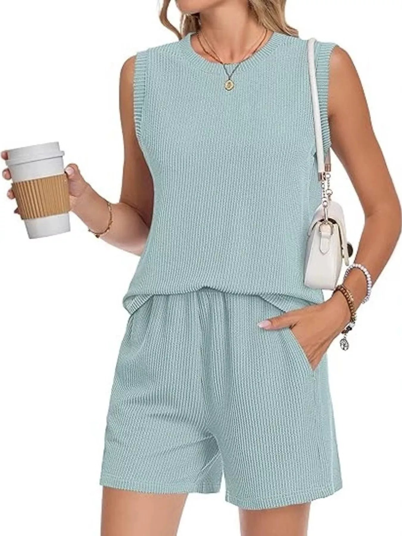Casual Ribbed Knit Sleeveless Top and Shorts Set - URBANPICK FASHION