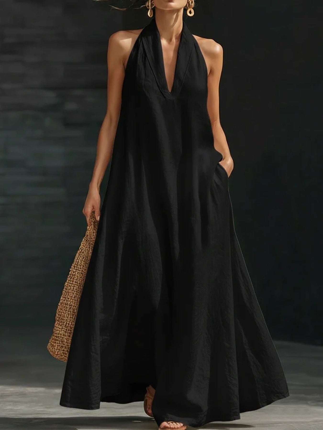 Halter Neck Maxi Dress with Pockets - URBANPICK FASHION