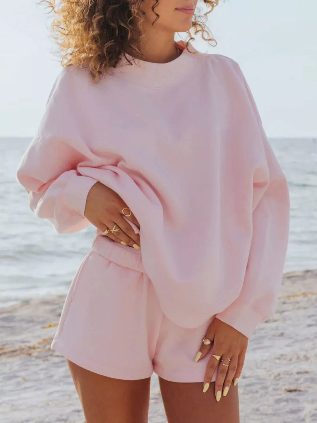 Relaxed Fit Round Neck Sweatshirt and Shorts Set - URBANPICK FASHION