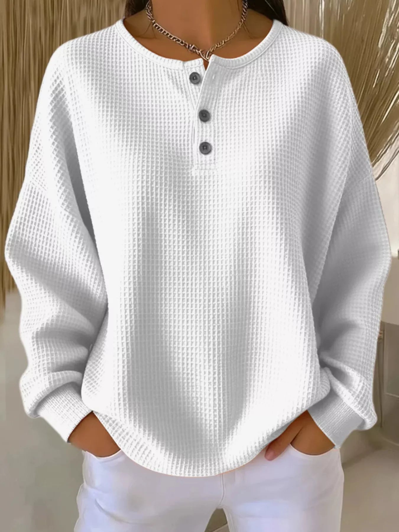 Full Size Waffle Knit Button Detail Top Plus Size - URBANPICK FASHION