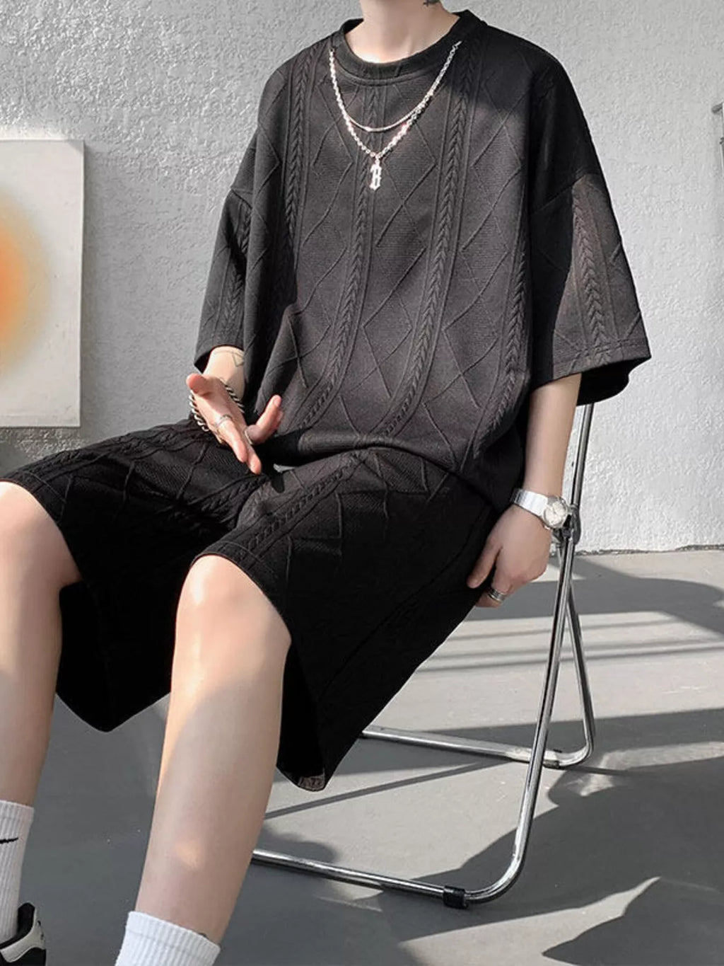Men's Plus Size Textured Relaxed Fit Top and Shorts Set - URBANPICK FASHION