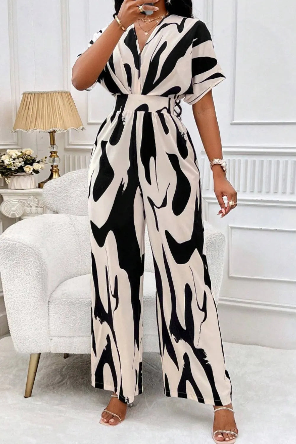 Printed V-Neck Short Sleeve Wide Leg Jumpsuit - URBANPICK FASHION