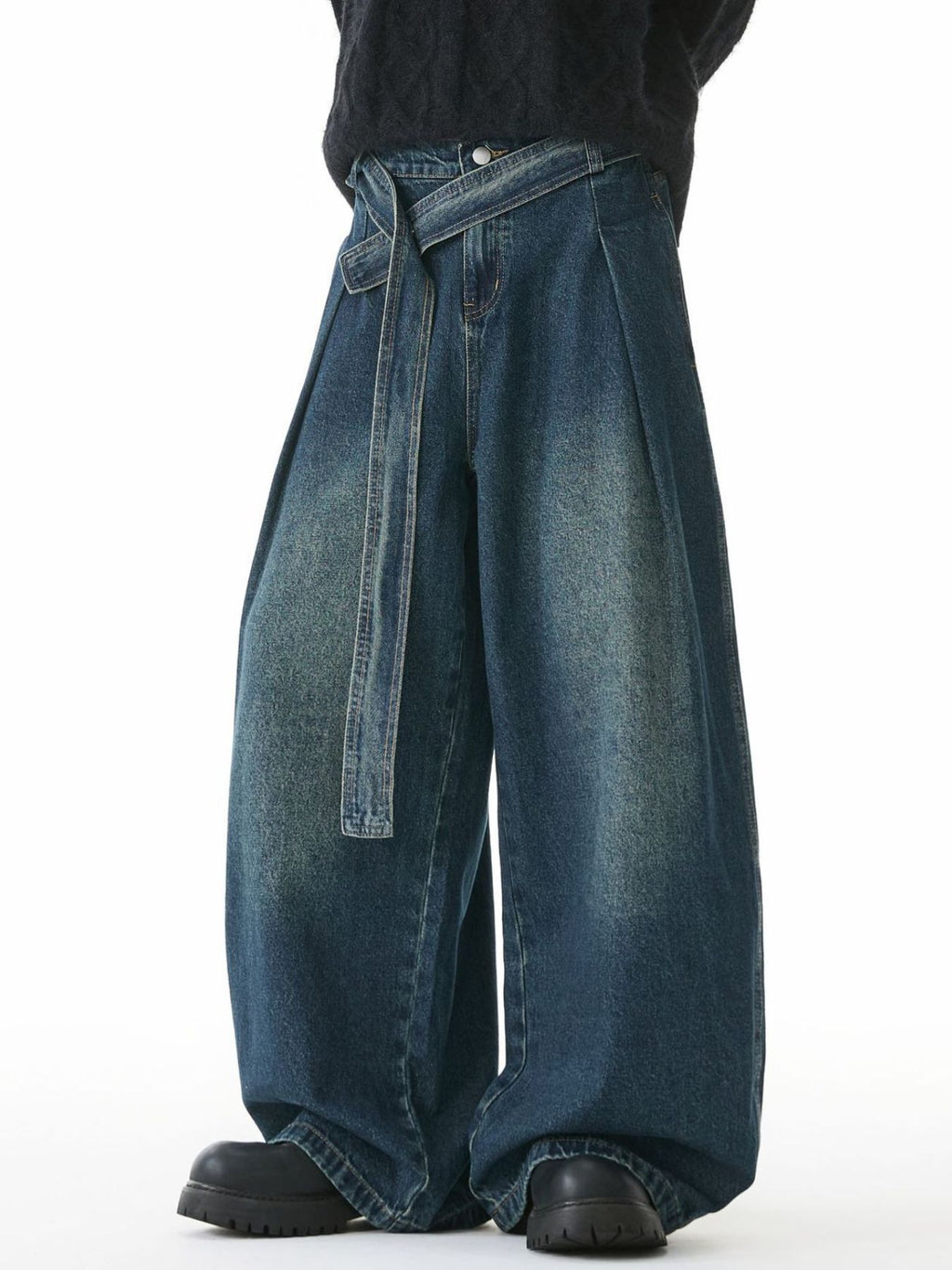 Men's Full Size Wash Belted Wide Leg Jeans Plus Size - URBANPICK FASHION