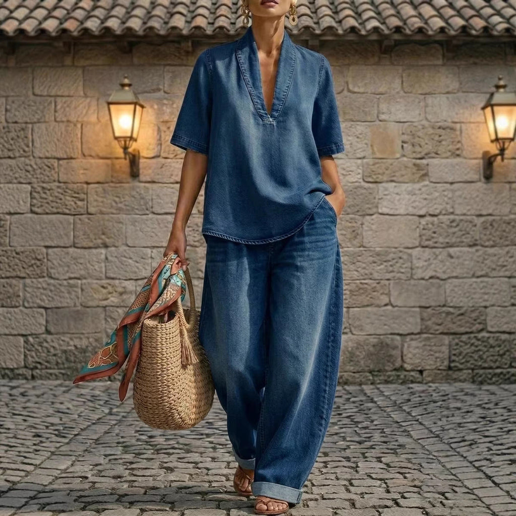 Retro V-Neck Washed Denim Top & Wide-Leg Pants Set – 3 Colors, S–3XL - URBANPICK FASHION