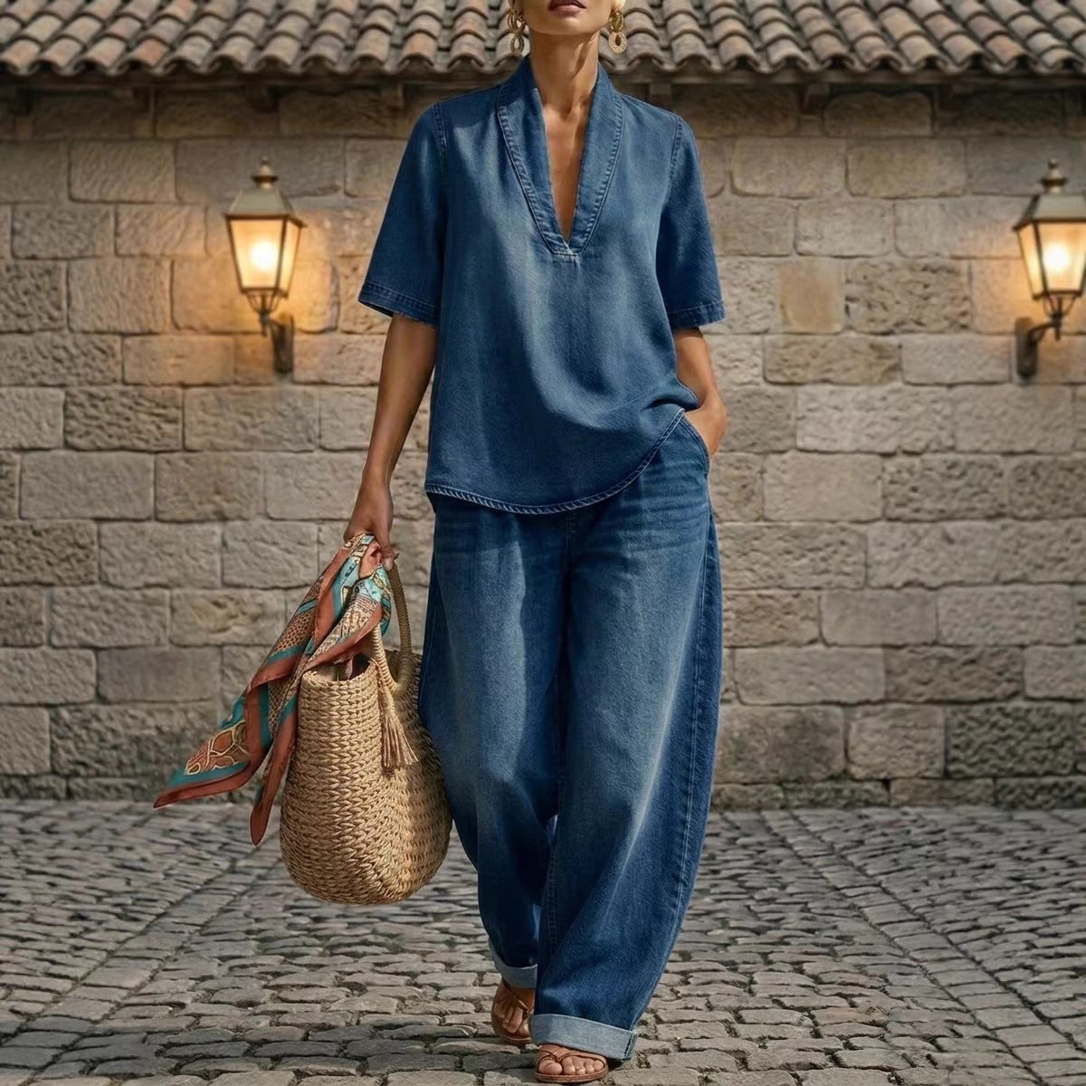 Retro V-Neck Washed Denim Top & Wide-Leg Pants Set – 3 Colors, S–3XL - URBANPICK FASHION