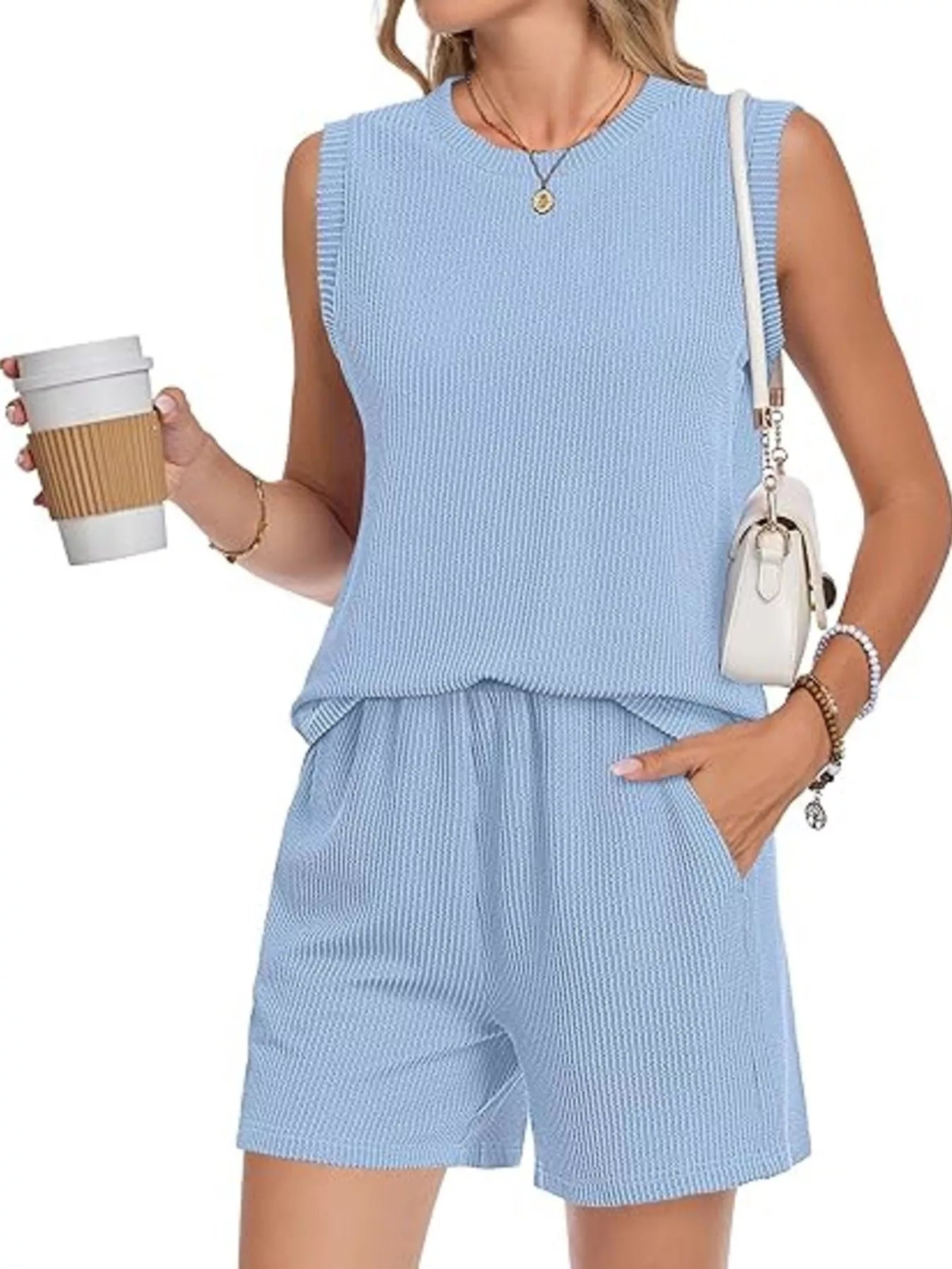 Casual Ribbed Knit Sleeveless Top and Shorts Set - URBANPICK FASHION