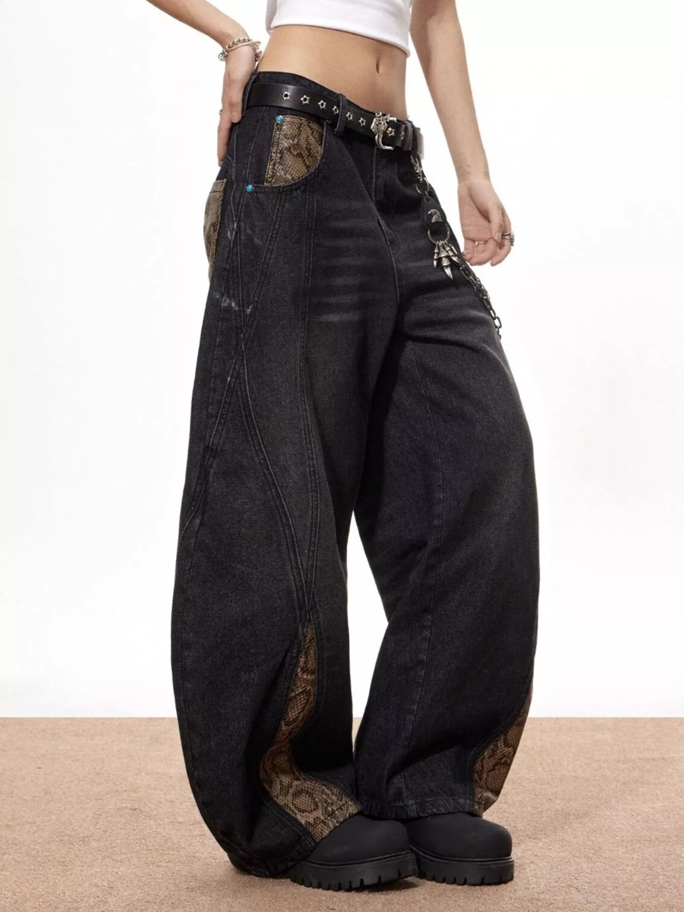 Men's Vintage Wide Leg Jeans with Snake Print - URBANPICK FASHION