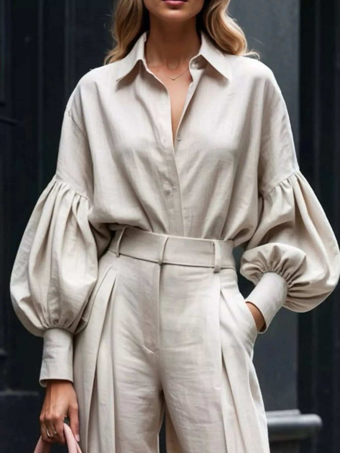 Lantern Sleeve Shirt and Wide Leg Pants Set - URBANPICK FASHION