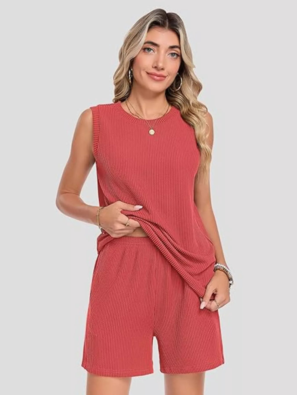 Casual Ribbed Knit Sleeveless Top and Shorts Set - URBANPICK FASHION