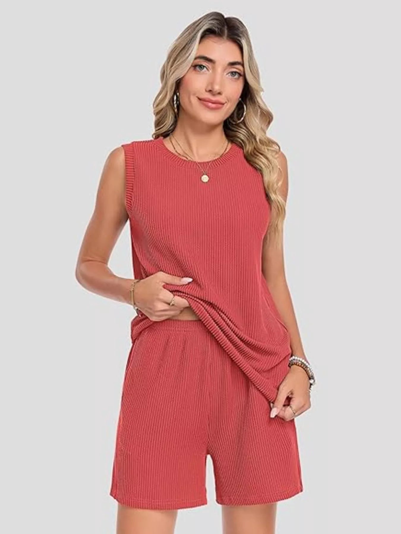 Casual Ribbed Knit Sleeveless Top and Shorts Set - URBANPICK FASHION