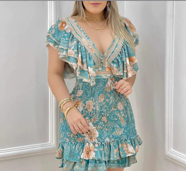 European Style Floral V-Neck Ruffle Dress - URBANPICK FASHION