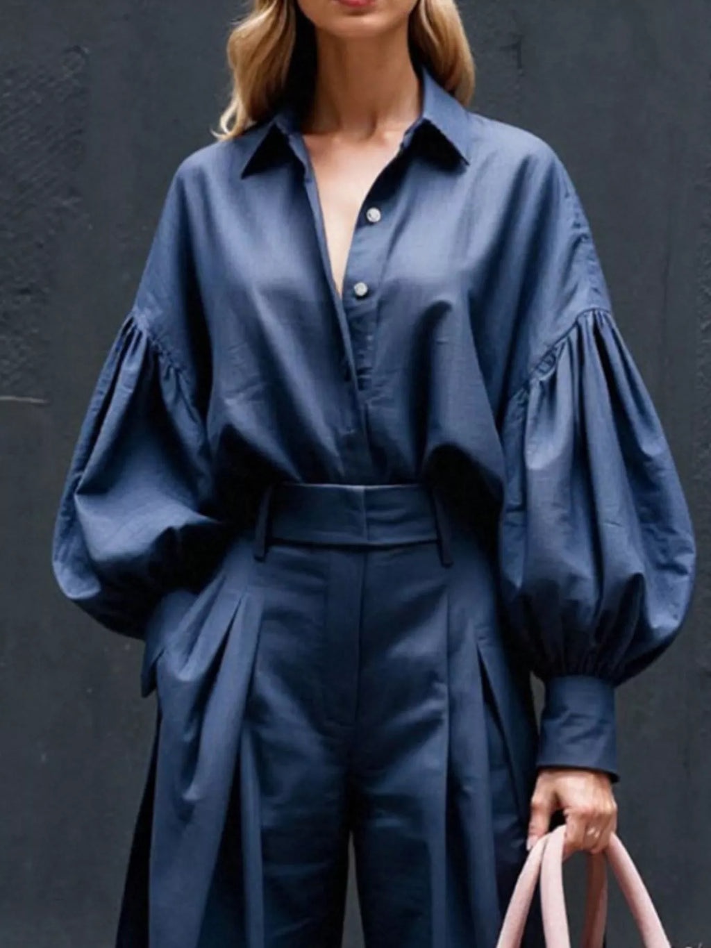 Lantern Sleeve Shirt and Wide Leg Pants Set - URBANPICK FASHION
