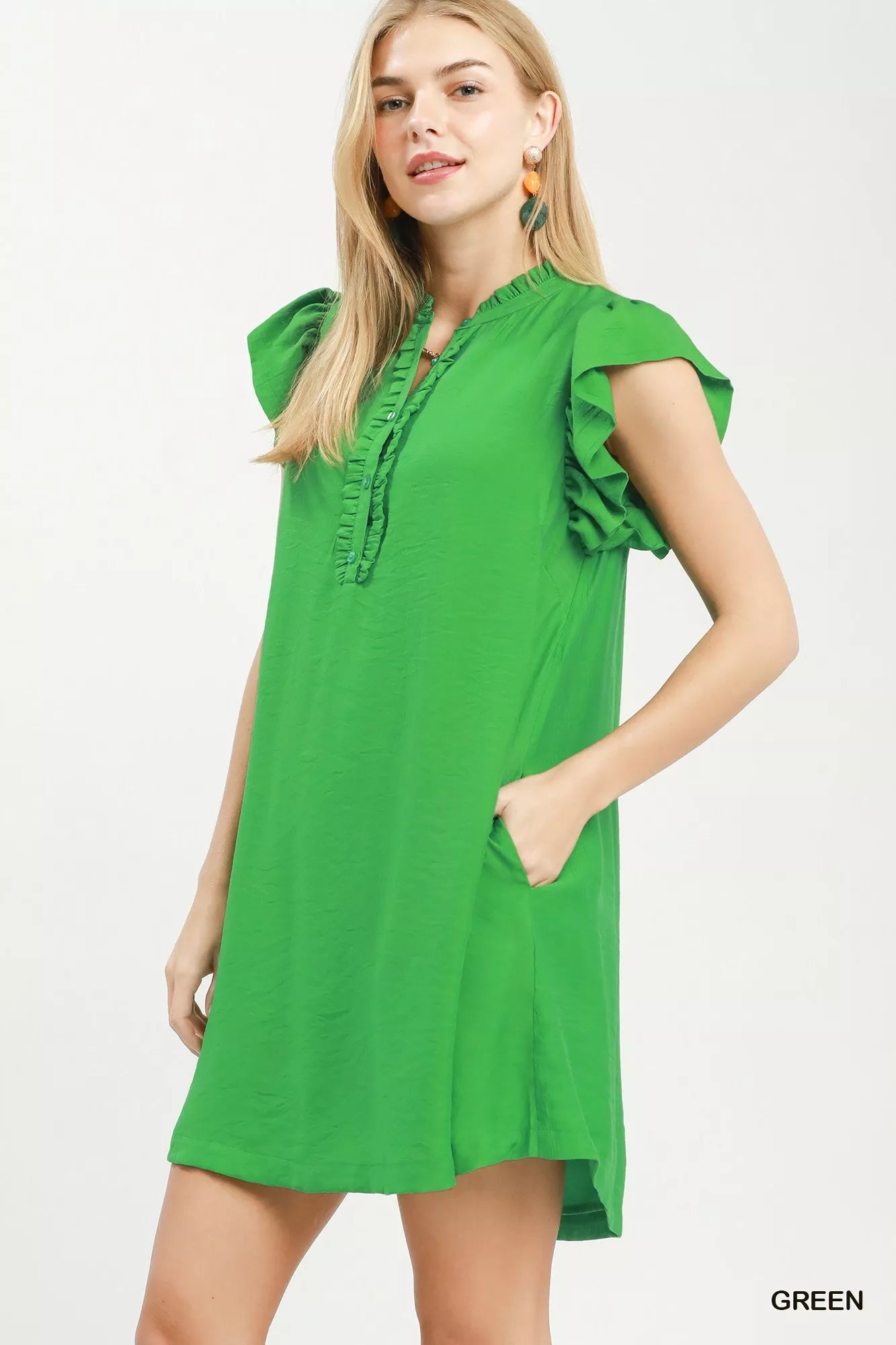 Umgee Ruffle Sleeve Henley Shift Dress - URBANPICK FASHION
