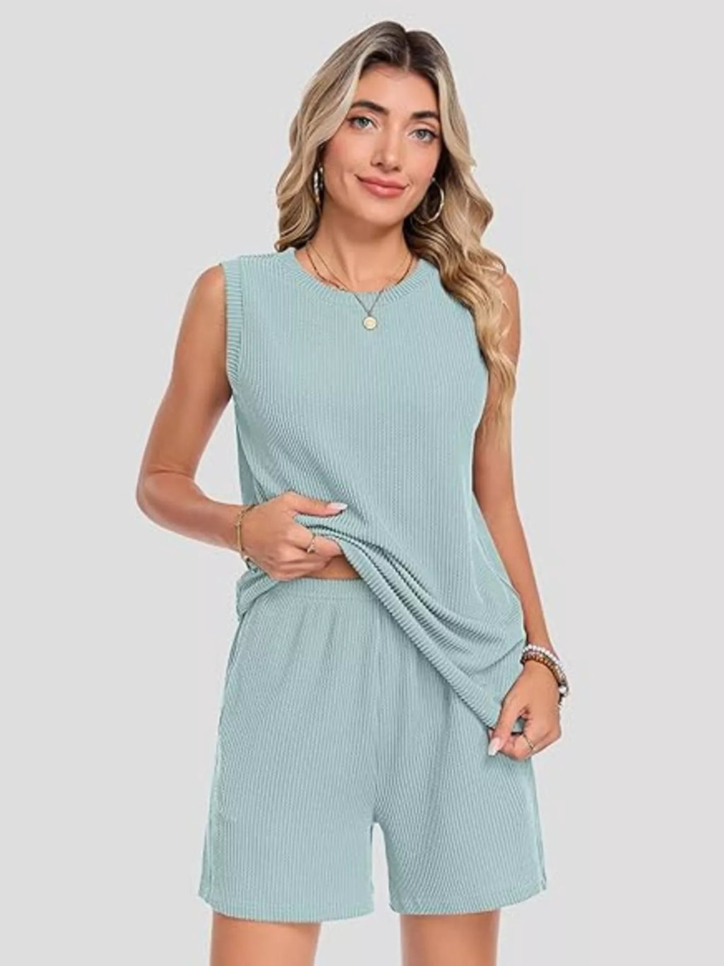 Casual Ribbed Knit Sleeveless Top and Shorts Set - URBANPICK FASHION