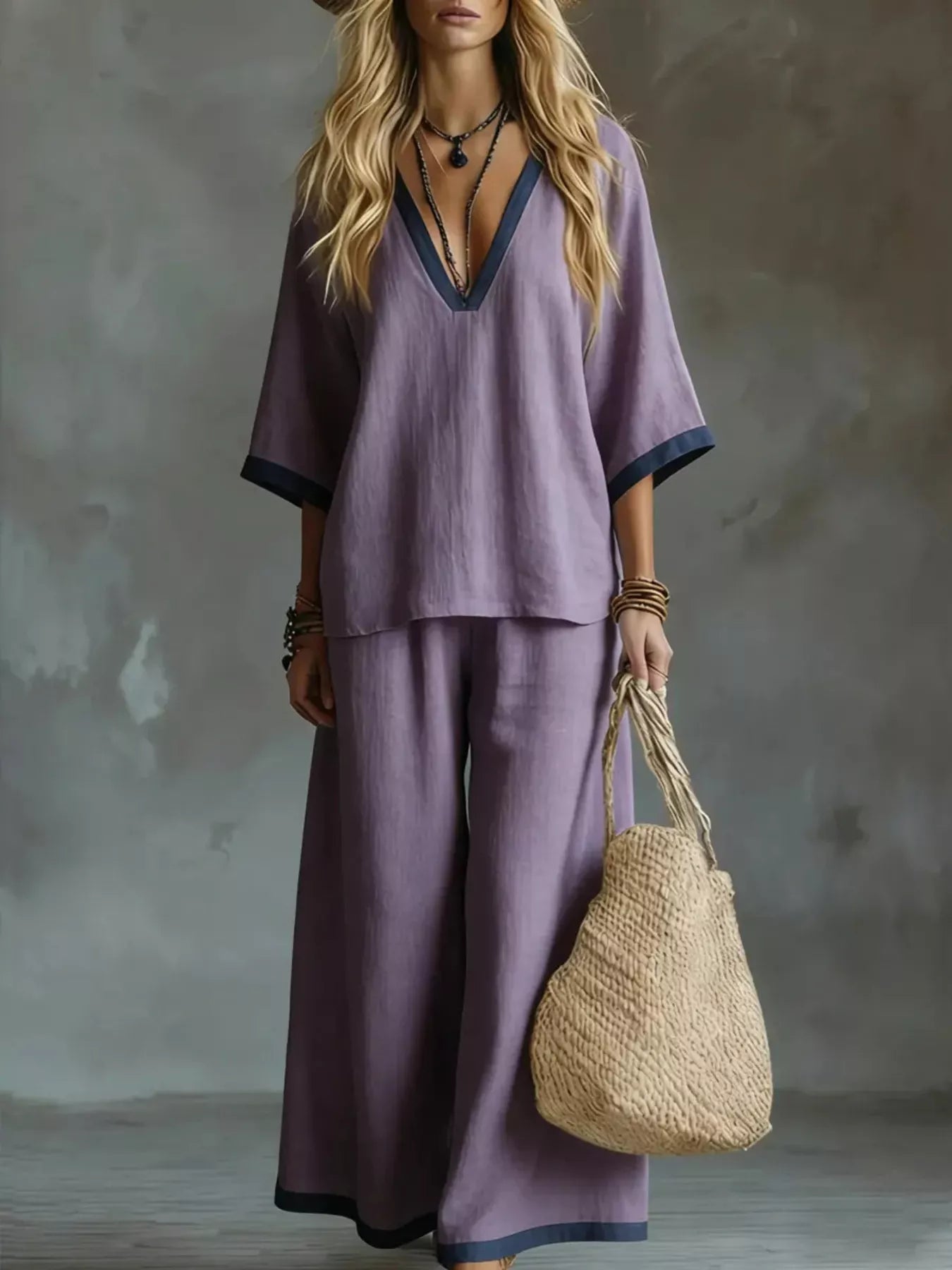 Contrast Trim V-Neck Top and Pants Set - URBANPICK FASHION