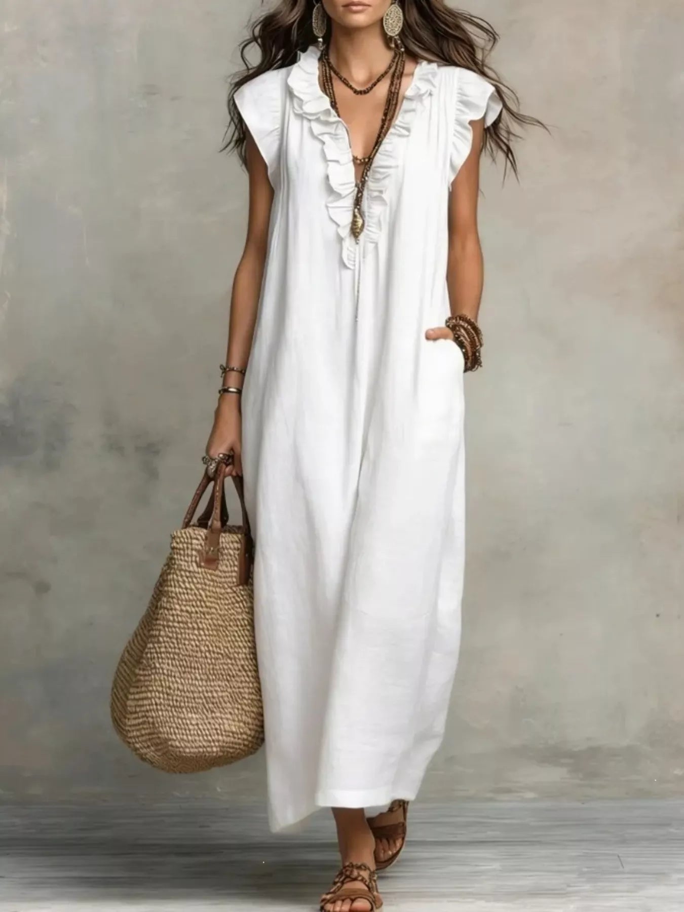 Full Size Ruffled V-Neck Cap Sleeve Maxi Dress Plus Size - URBANPICK FASHION