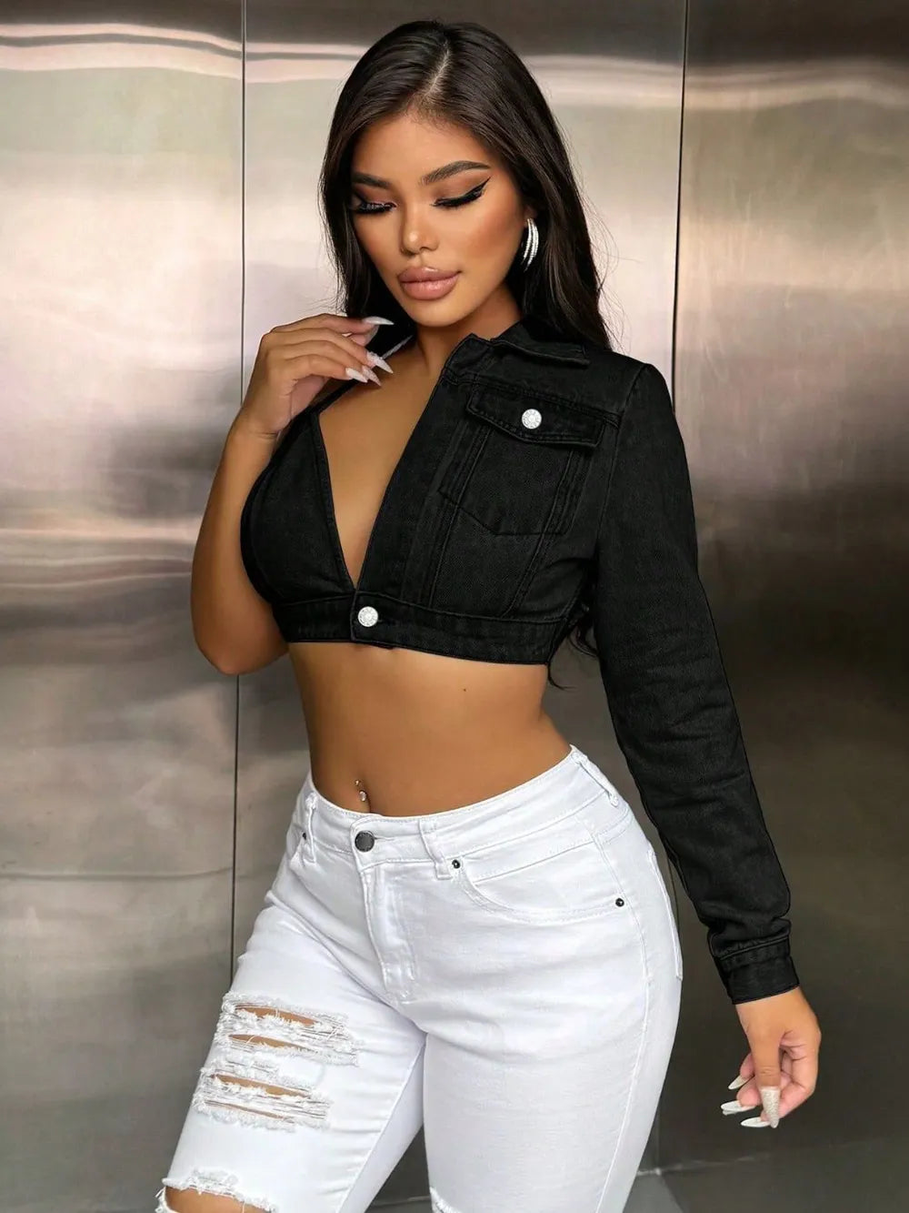 One Shoulder Long Sleeve Cropped Denim Top - URBANPICK FASHION