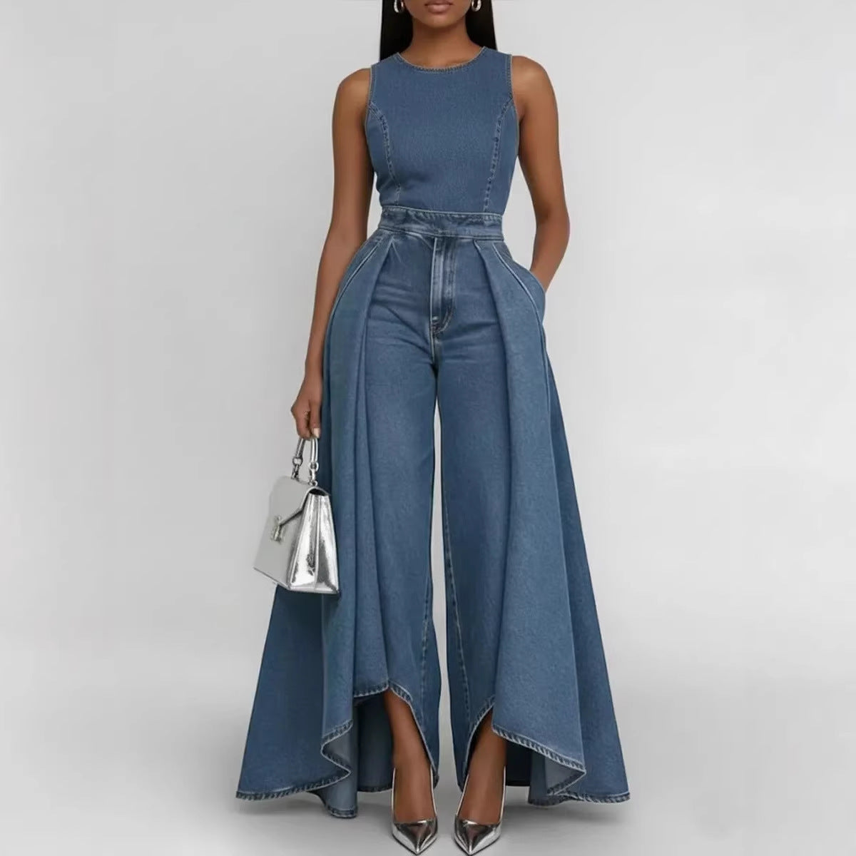 Women’s Crew Neck Sleeveless Wide-Leg Denim Jumpsuit - URBANPICK FASHION